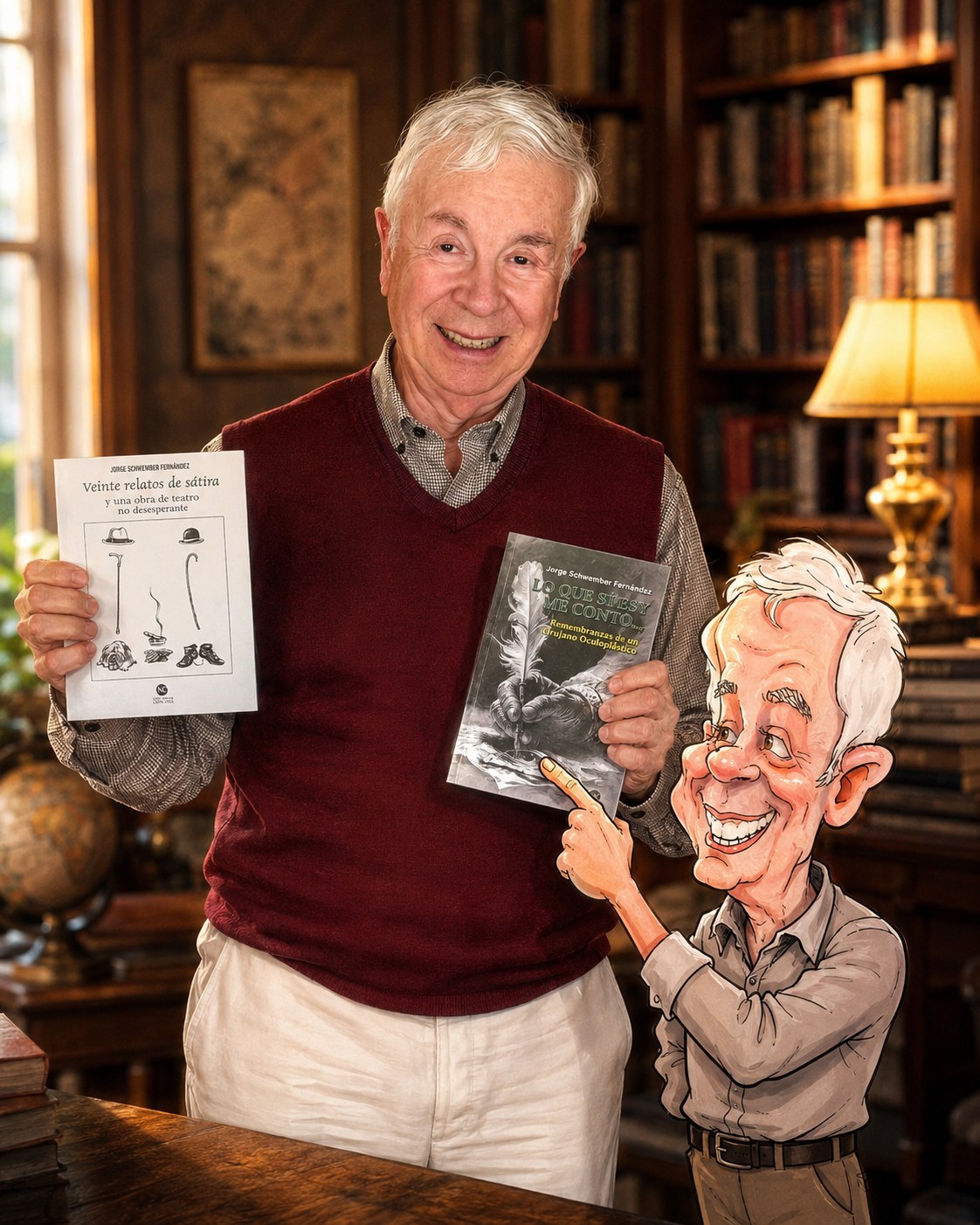 Jorge Schwember F sosteniendo sus libros y una caricatura